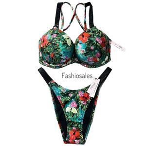 Victorias Secret Swim Set Bombshell Shine Strap Add-2-Cups Push Up Top & Bottom